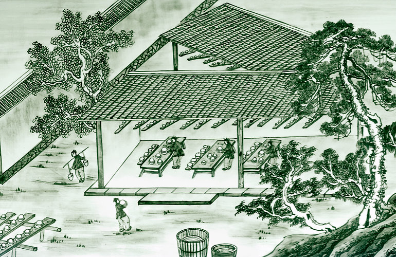 Eine der Prozesstafeln sämtlicher Arbeitsschritte der traditionellen Porzellanproduktion. Zu sehen im Guyao Museum in Jingdezhen.